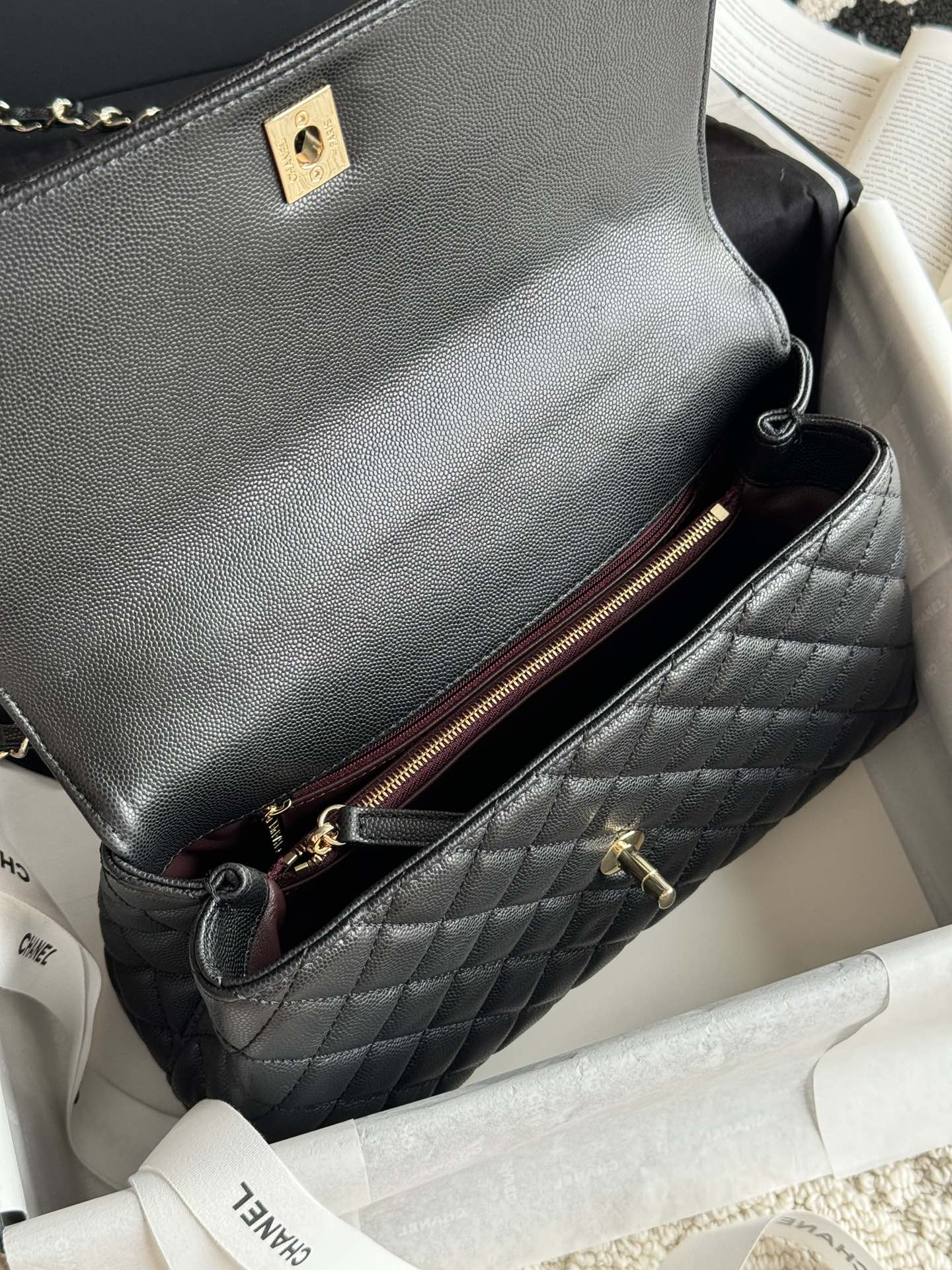 Small Coco Handle Flap Bag in Black Quilted Caviar Leather with Light Gold-Tone Hardware - Mocuir