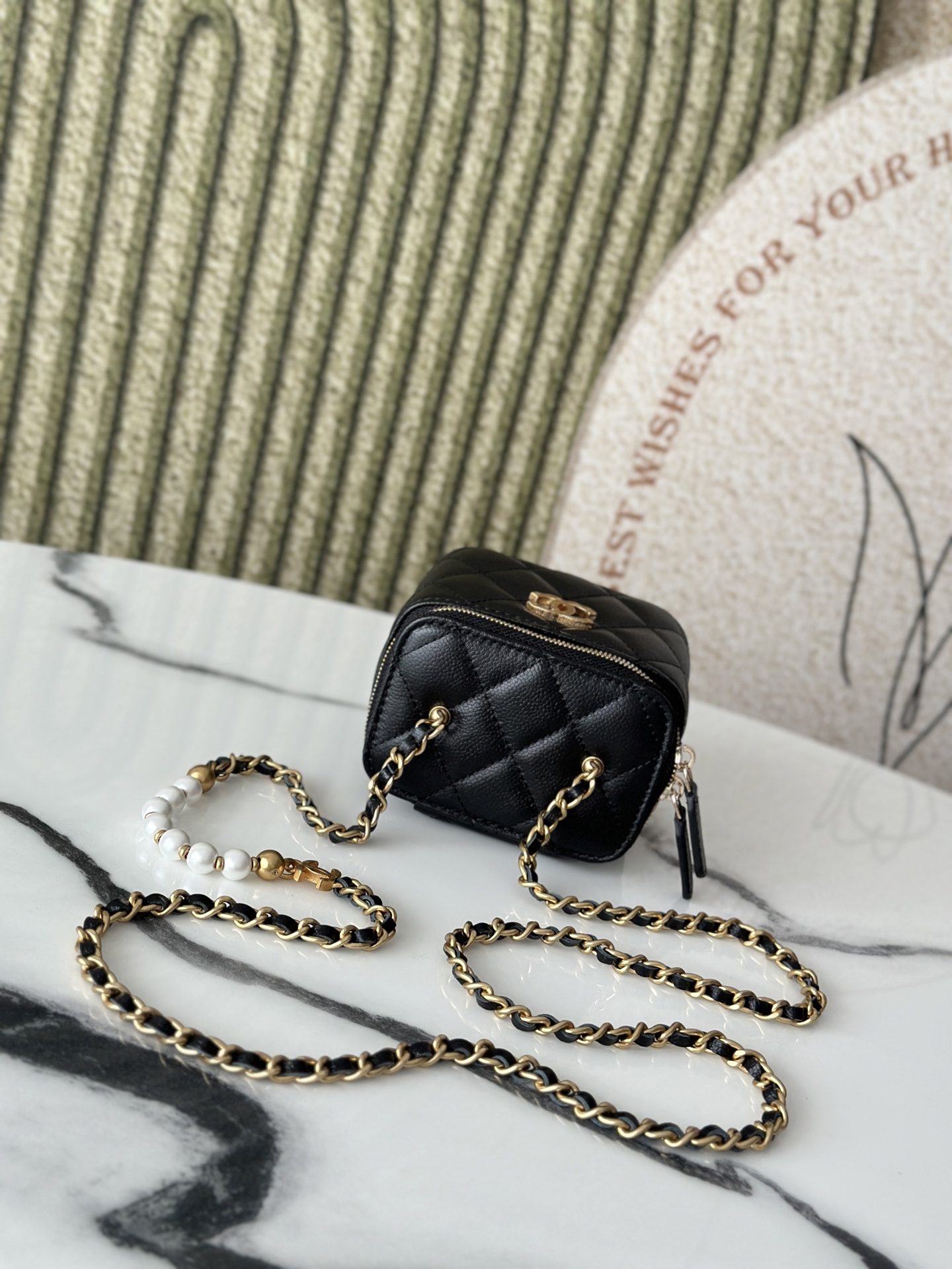 Mini Vanity Case with Pearl Chain (AP3940) in Black Caviar Leather with Gold-Tone Hardware - Mocuir