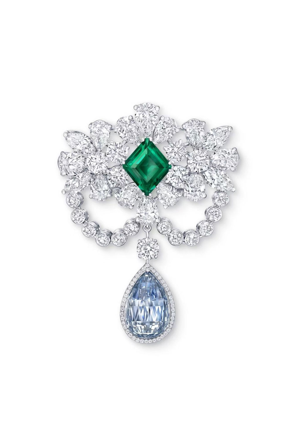 Emerald teardrop blue diamond full diamond necklace