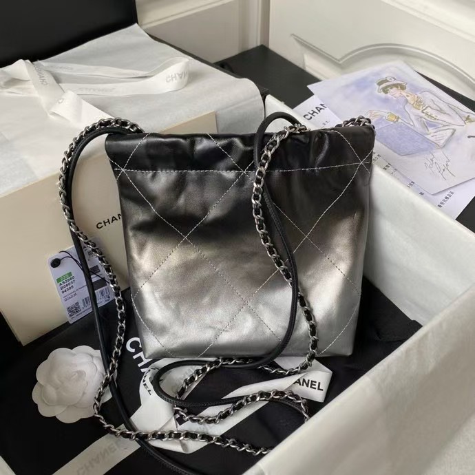 22 AS3980 Mini Tote Shiny Calfskin & Silver Metal Silver Black