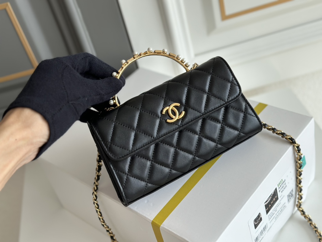 23B Mini Flap Bag with Pearl Handle in Black Quilted Lambskin with Gold-Tone Hardware (Model AS3980) - Mocuir