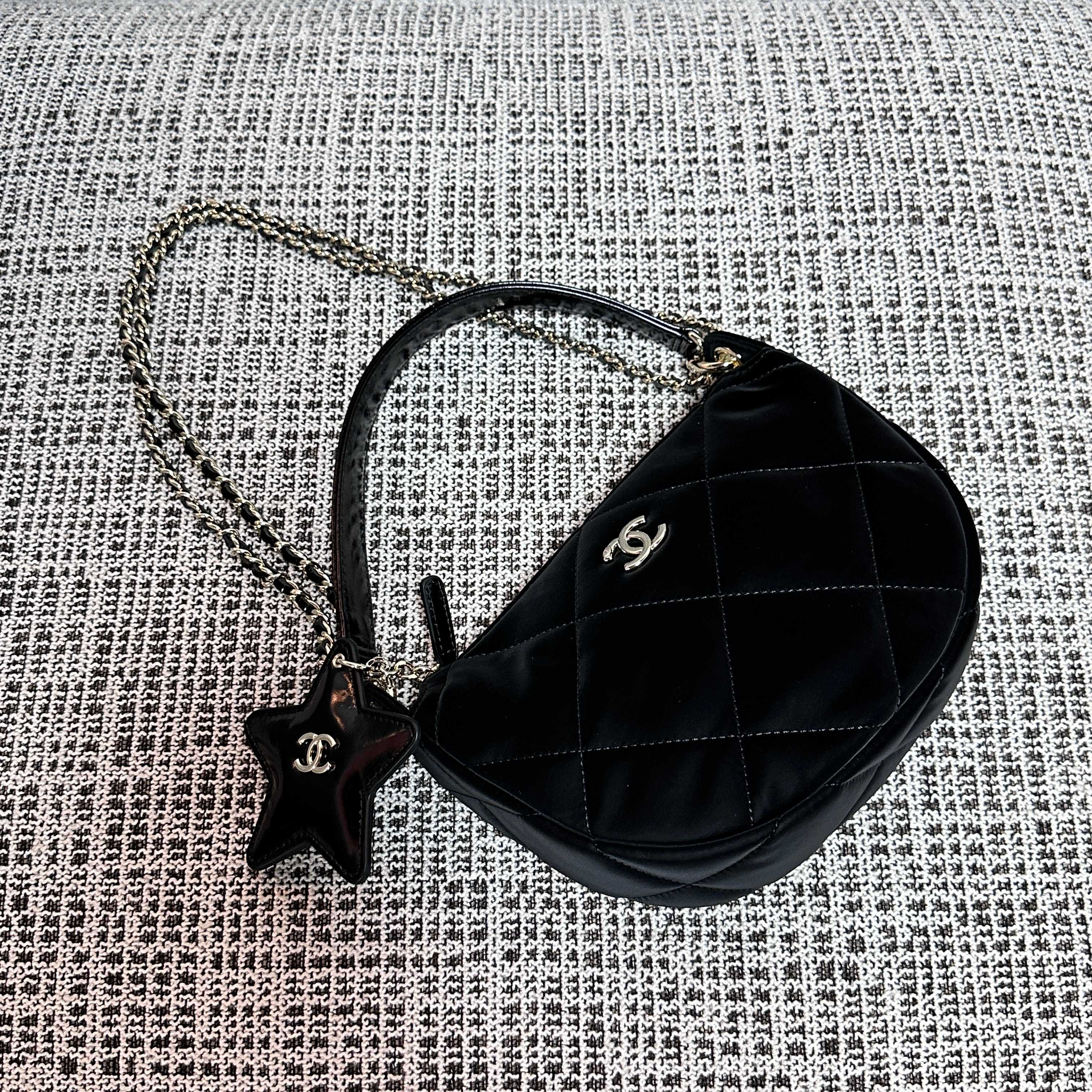 22K Black Quilted Nylon Hobo Bag with Patent Calfskin Handle, Star Charm & Gold-Tone CC Logo - Mocuir