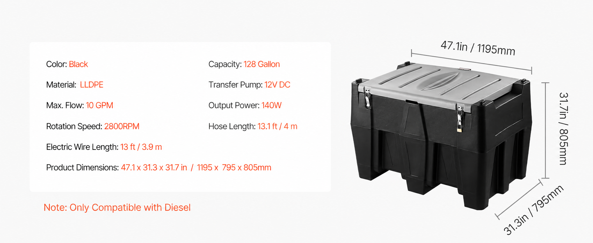 128 gallon diesel tank specifications