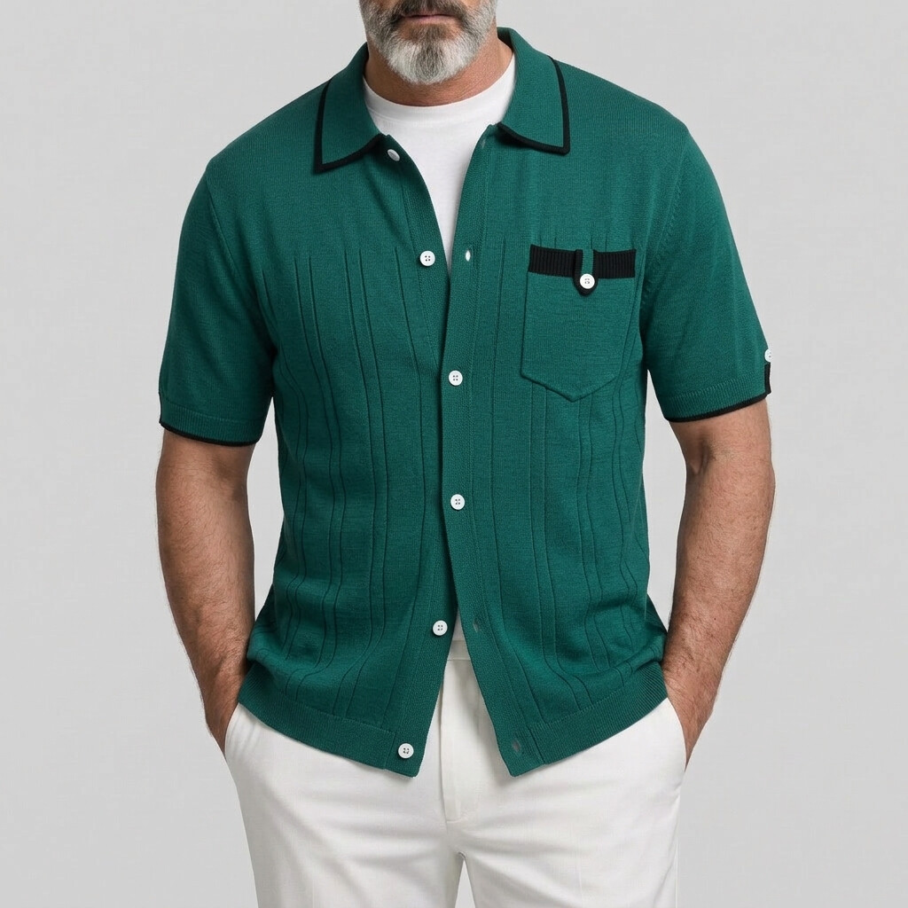 Men's Pit Stripe Chest Pocket Contrast Binding Casual Short Sleeve Shirt