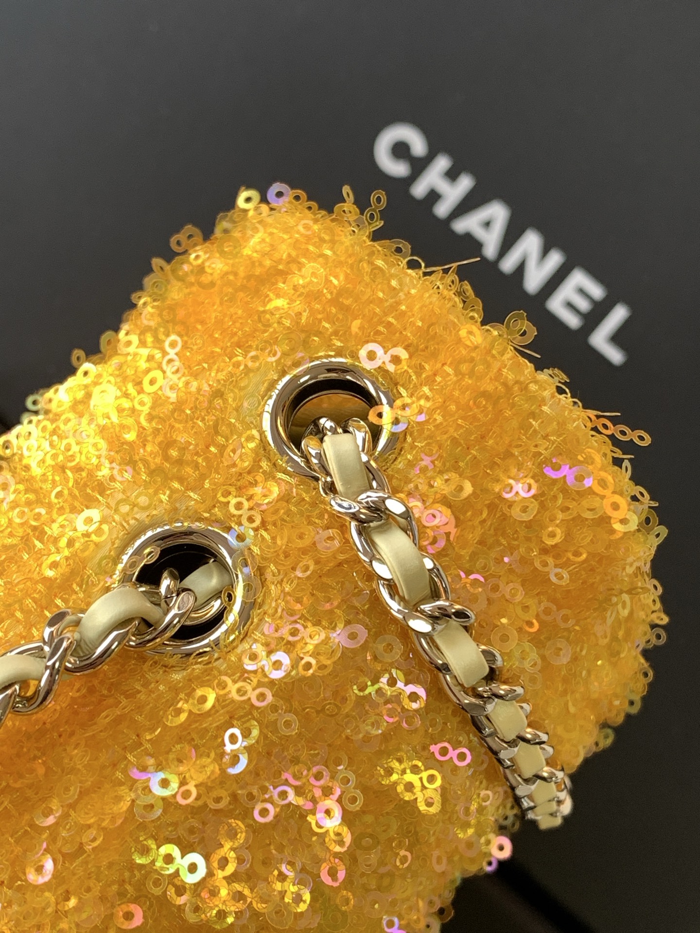 2025 FallWinter Classic Flap Bag in Bright Yellow Sequins (AS4561) with Light Gold-Tone Hardware - Mocuir