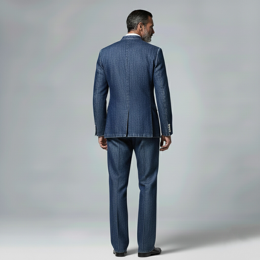 Men's Business Blue Denim Stand Collar Single Breasted Long Sleeve Blazer & Straight Jeans 2Pcs Set