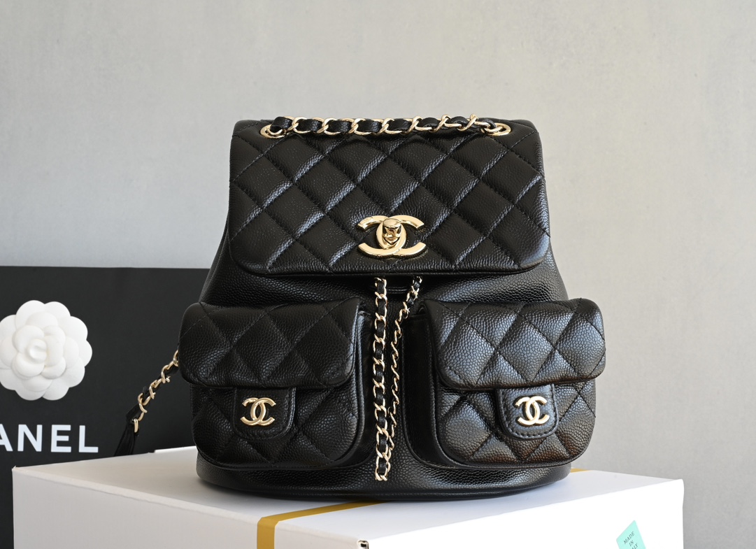 25P Duma Backpack in Black Caviar Leather with Light Gold-Tone Hardware (Model AS4376) - Mocuir