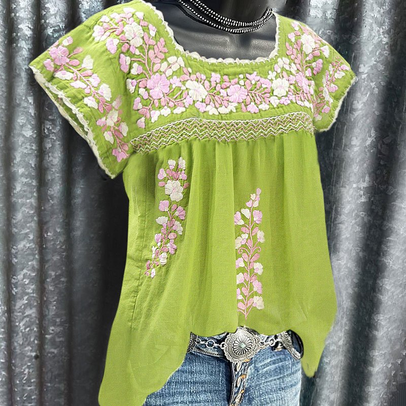 Green flower graphic loose casual western tees