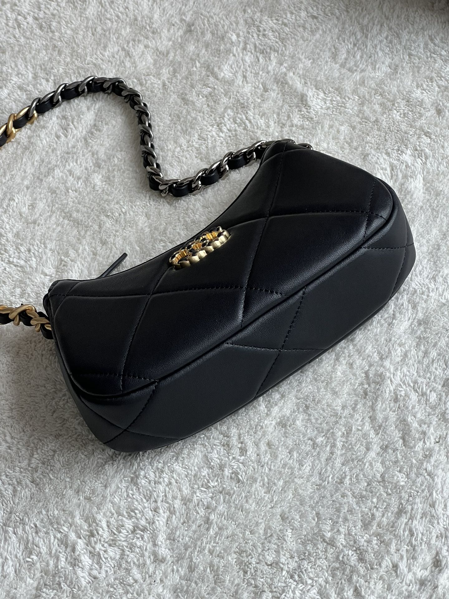 19 Half Moon Hobo Bag in Black Quilted Lambskin with Gold-Tone and Ruthenium-Finish Hardware - Mocuir