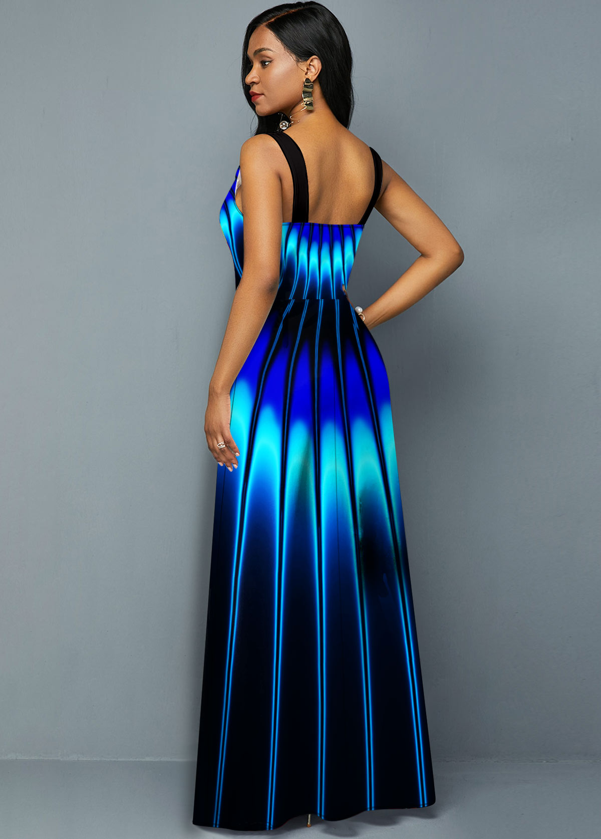 Spaghetti Strap Blue Printed Maxi Dress