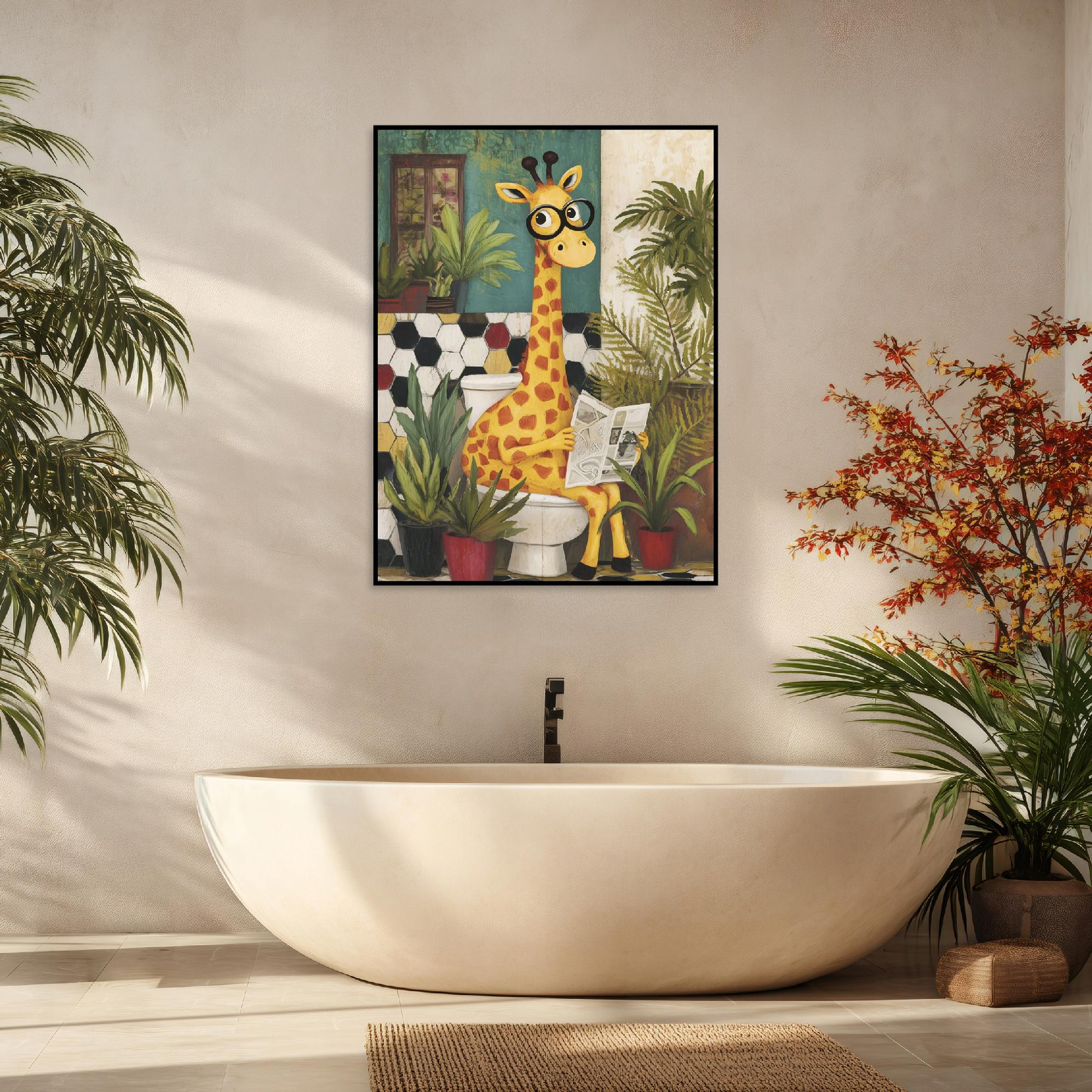 Black-framed canvas print for the bathroom: funny giraffe on the toilet, 40x30