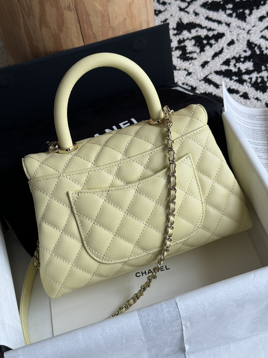 Small Coco Handle Flap Bag in Yellow Quilted Caviar Leather with Light Gold-Tone Hardware - Mocuir