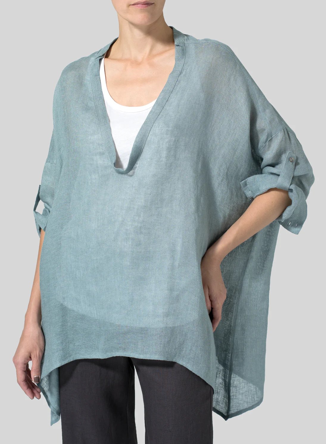 Womens Cotton Linen Loose Deep V Neck Pullover