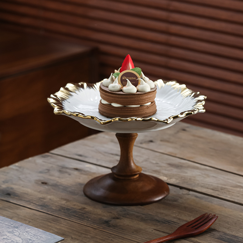 Wooden tall fruit plate bread plate dessert cake display stand dining table tray