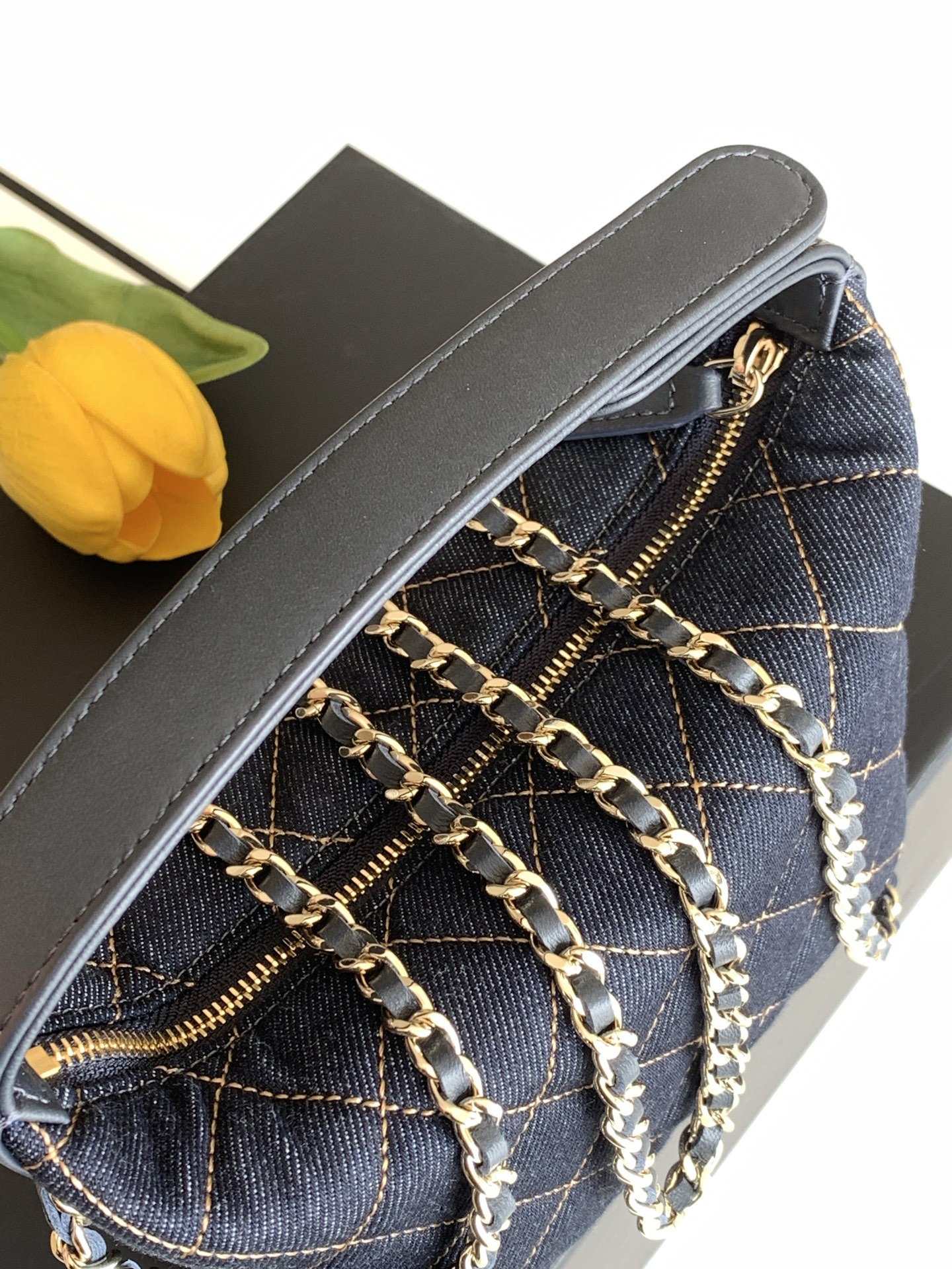 26S Spring-Summer Quilted Denim Hobo Bag with Handle in Dark Blue with Gold Hardware (Model AS5653) - Mocuir