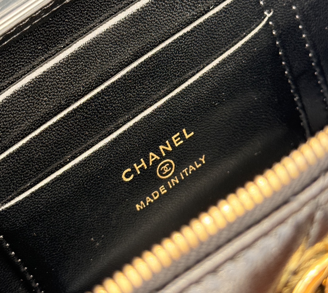 Long Vanity Case with Chain & Pearl Detail in Black Quilted Lambskin with Light Gold-Tone Hardware - Mocuir