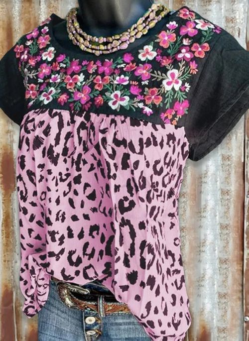 Floral Casual Round Neckline Short Sleeve Blouses