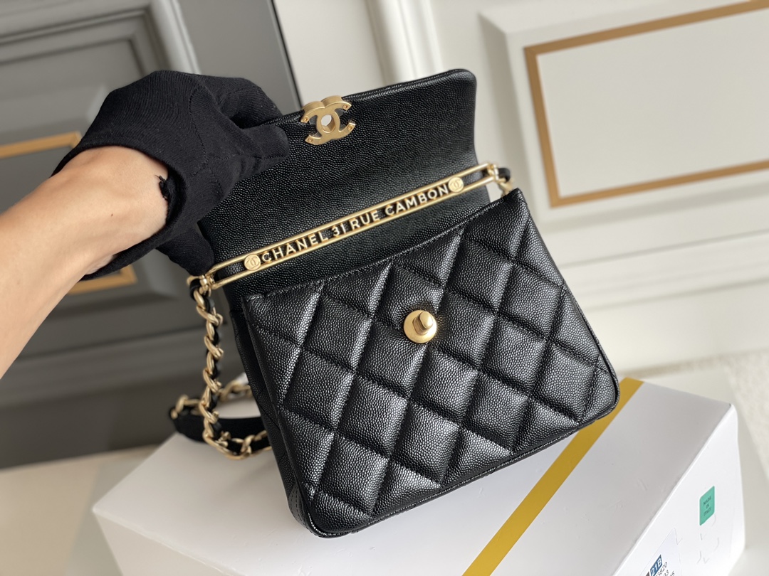 Classic Flap Mini Bag with Chain Handle in Black Quilted Grained Calfskin (Caviar) with Light Gold-Tone Hardware (Model AS5701) - Mocuir