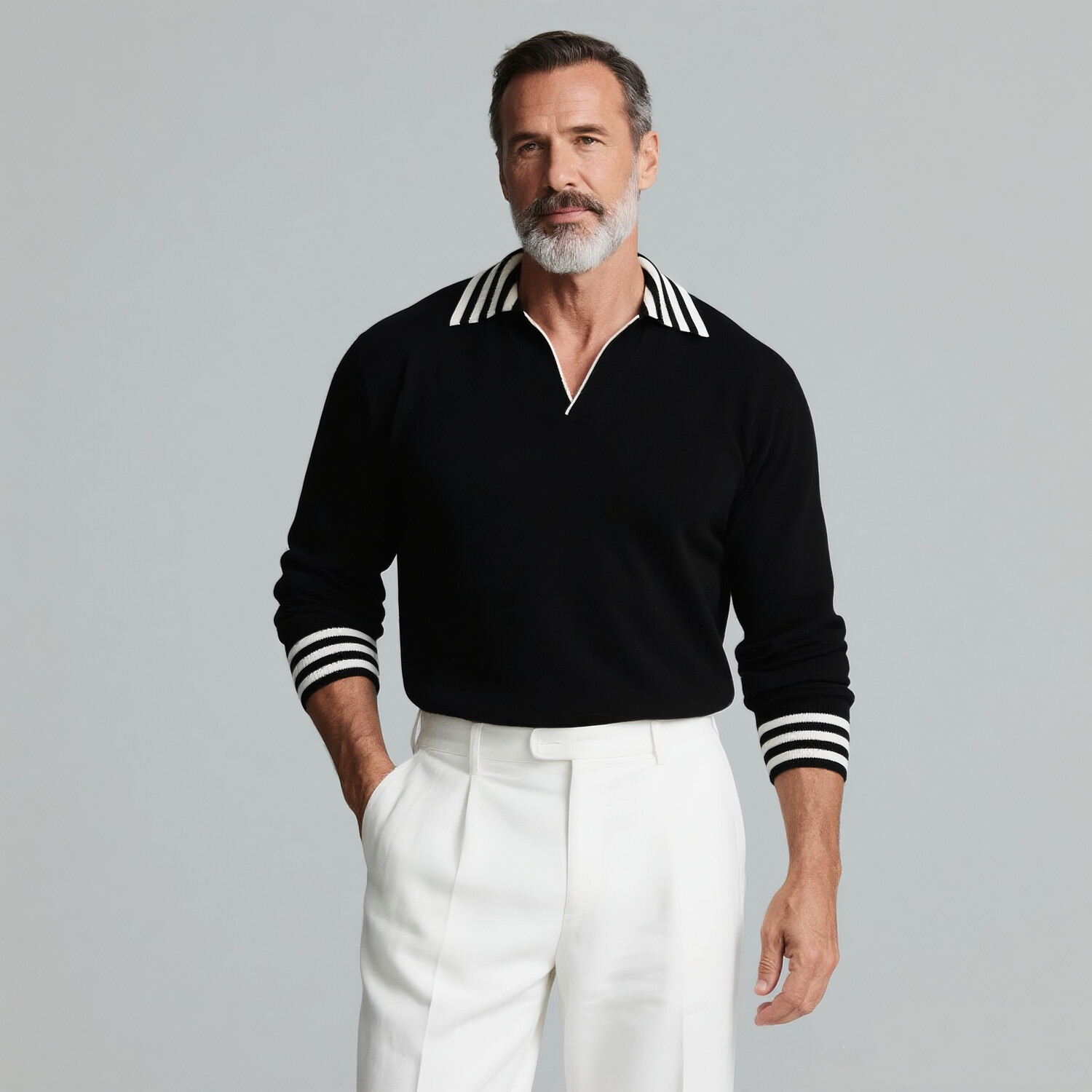 Men's Black With White Striped Trim Long Sleeve Buttonless Polo Shirt