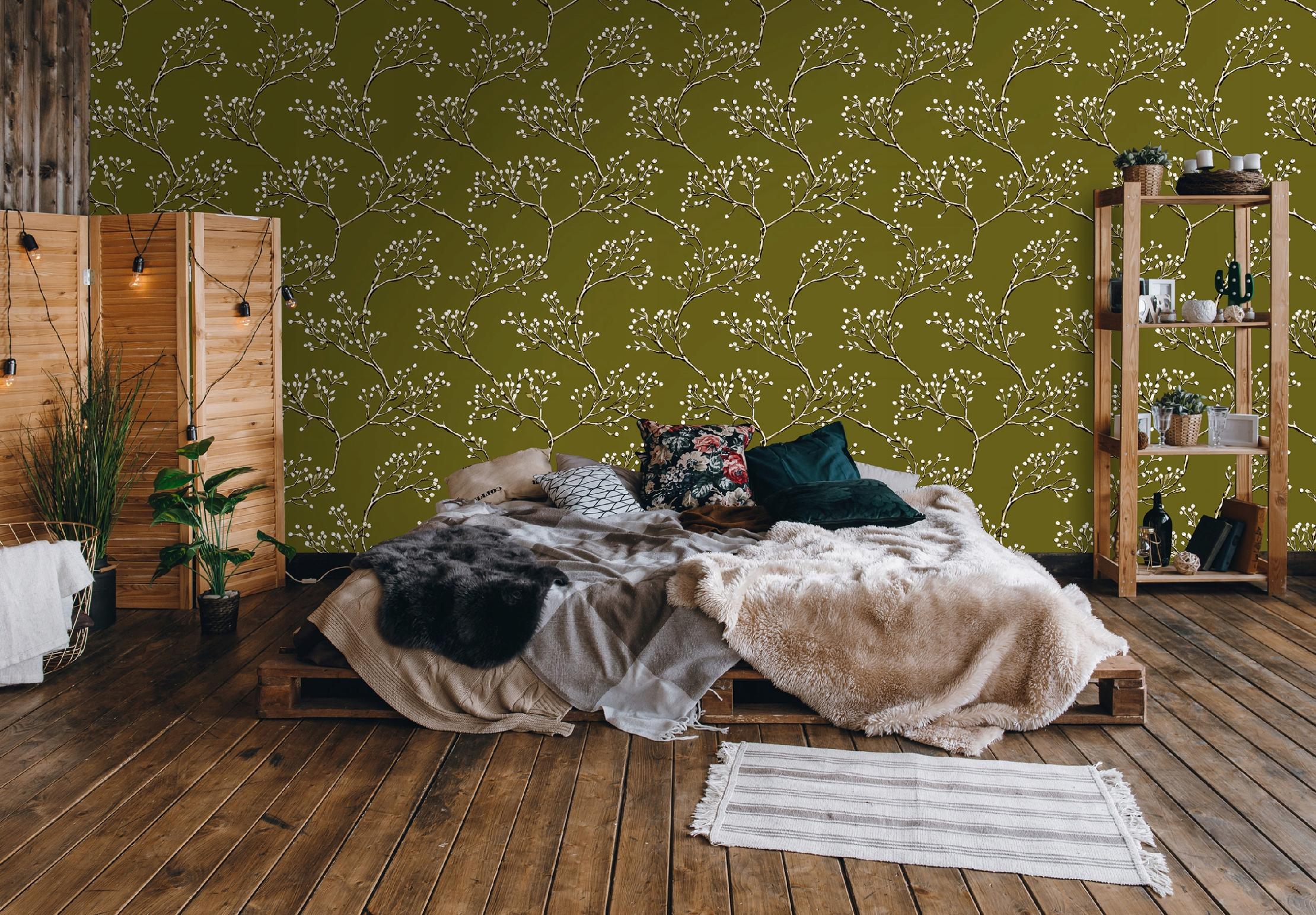 Retro olive branch wallpaper on non-woven fabric for living room and bedroom walls