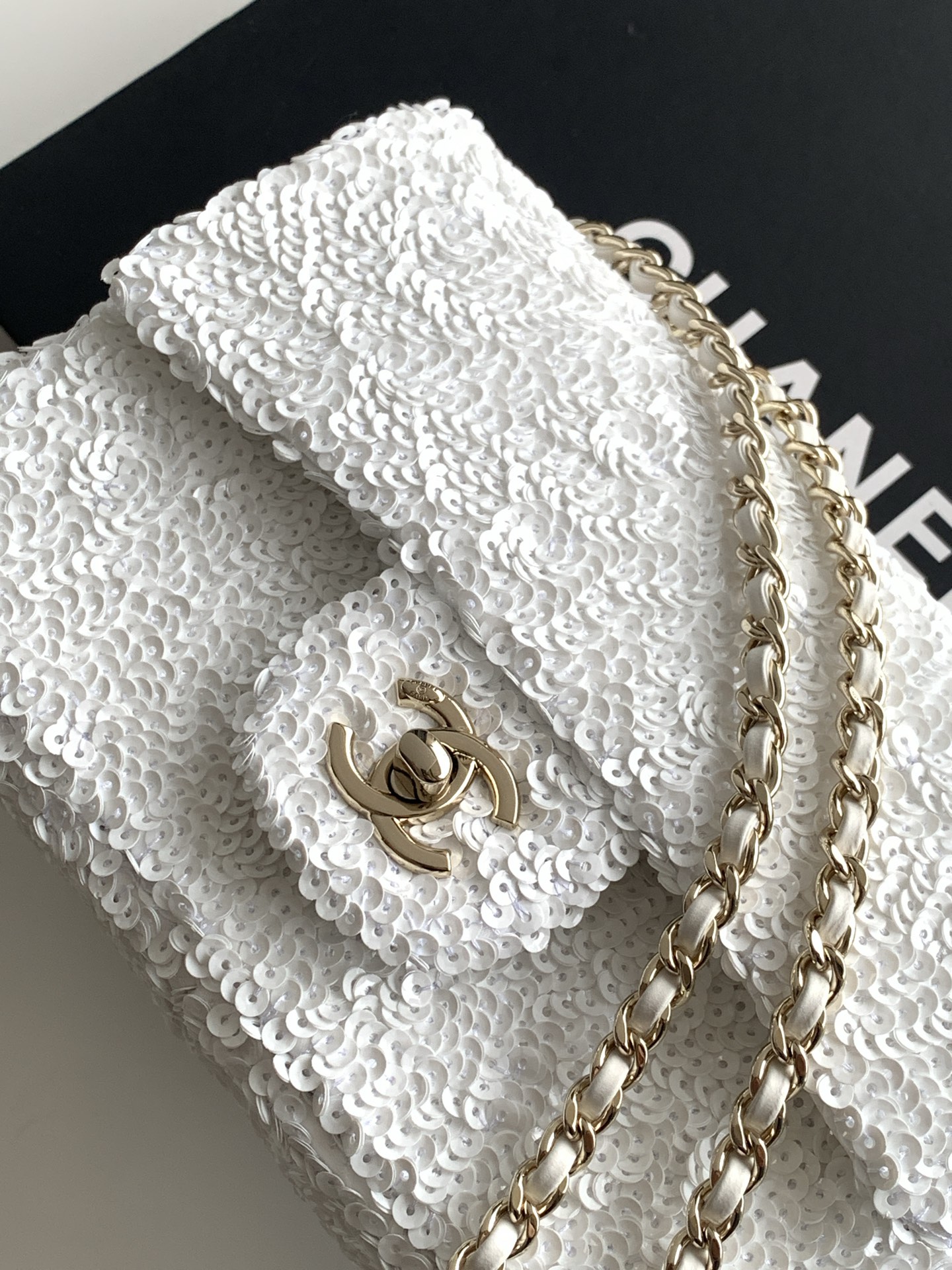 25B White Sequin Classic Flap (AS4561) in Quilted Sequins with Light Gold-Tone Hardware - Mocuir