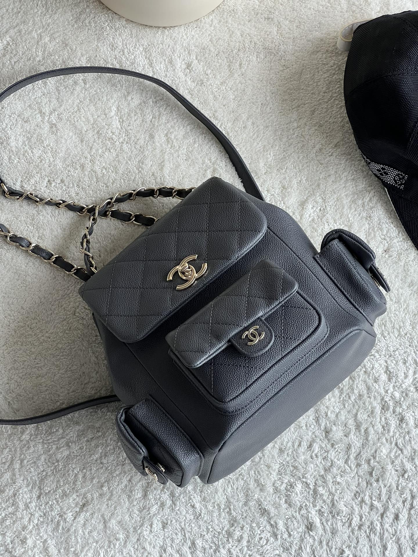 23K Duma Tank Backpack in Dark Grey Quilted Caviar Leather with Light Gold-Tone Hardware - Mocuir