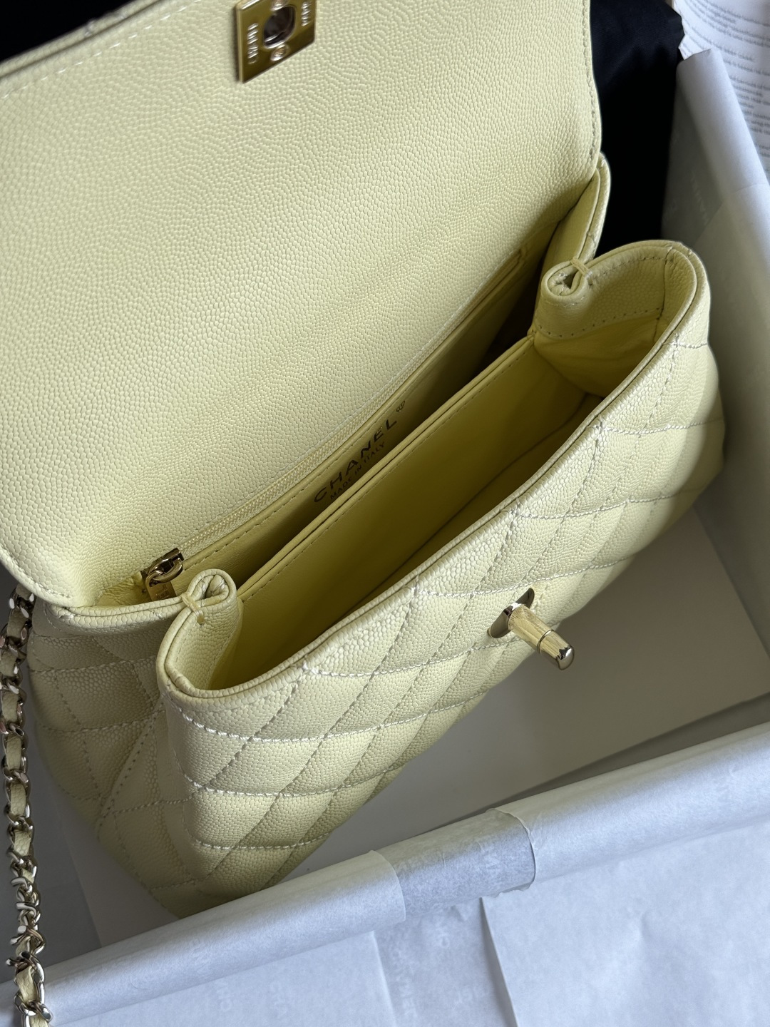Small Coco Handle Flap Bag in Yellow Quilted Caviar Leather with Light Gold-Tone Hardware - Mocuir