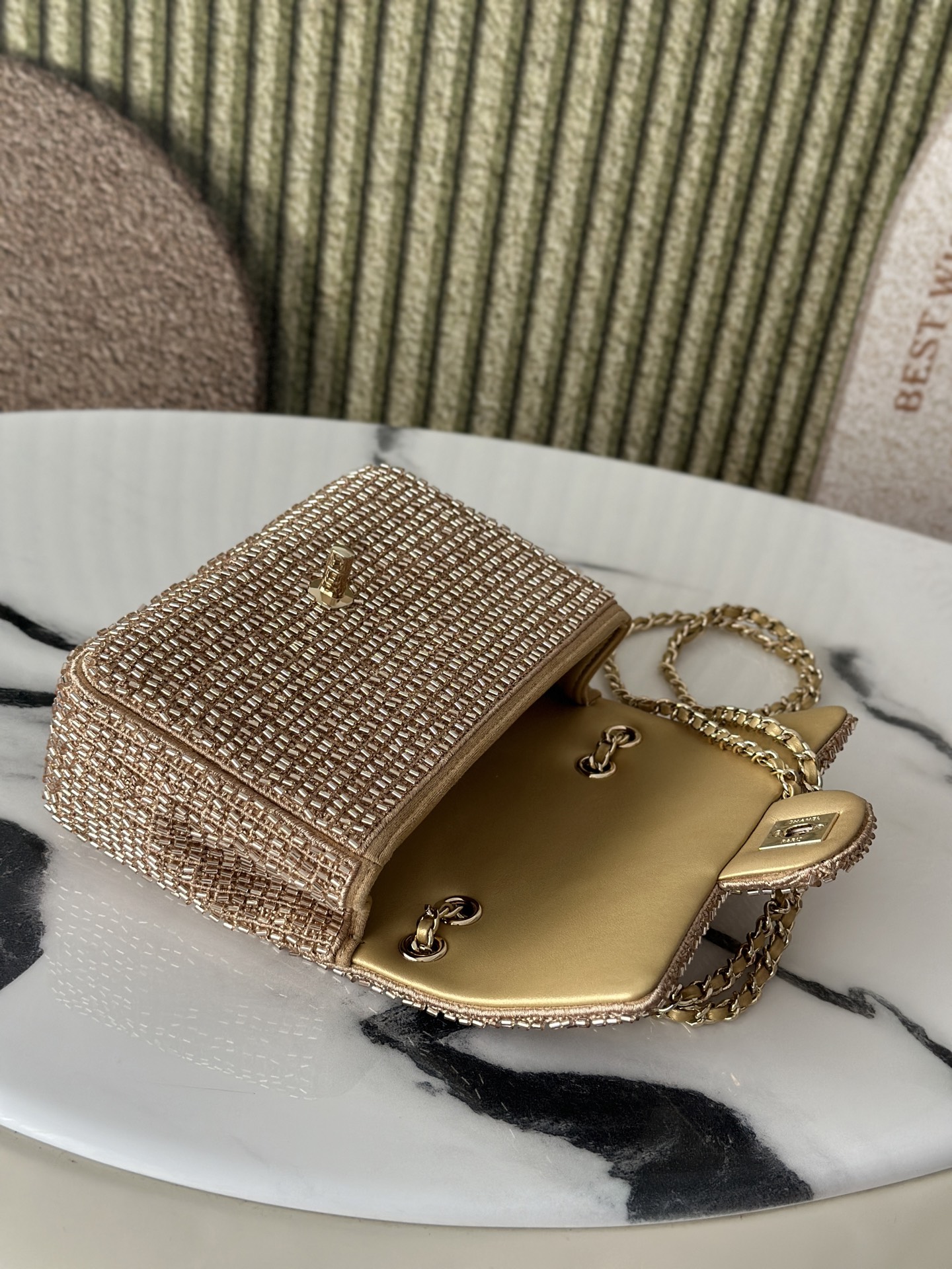 Classic Flap Mini in Gold Crystal Embellished Lambskin with Gold-Tone Hardware - Mocuir