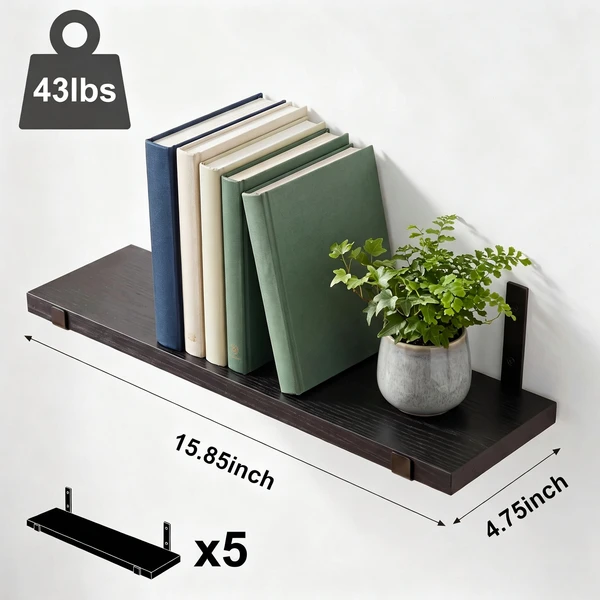 5-Tier Floating Shelves Wall Mounted Black Wood Wall