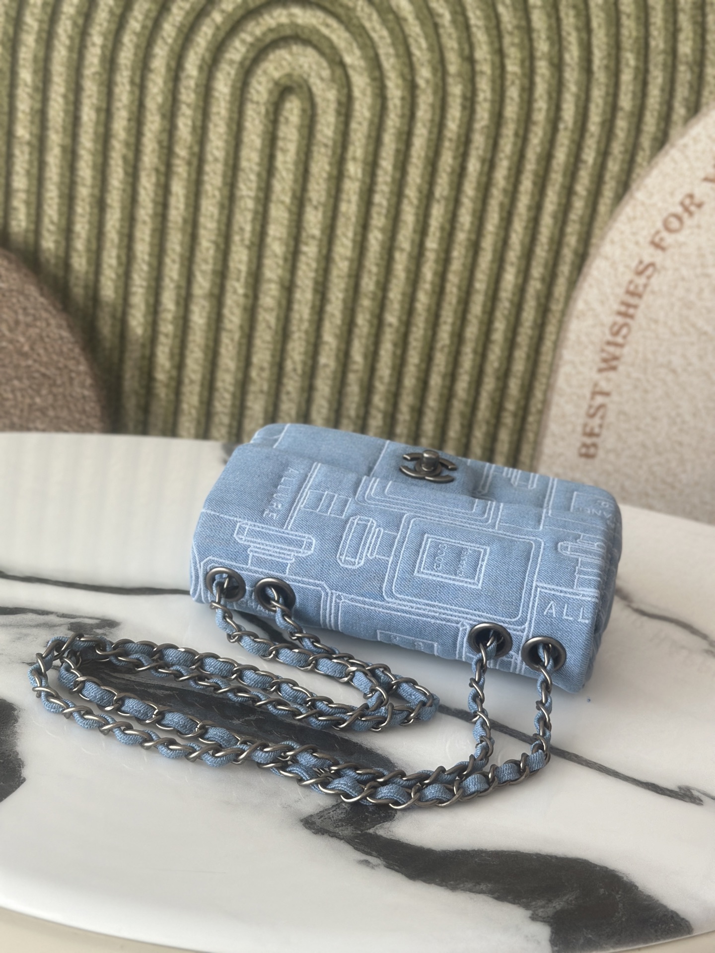 Classic Single Flap Bag in Light Blue Denim with Perfume Bottle Print (Silver Hardware) - Mocuir