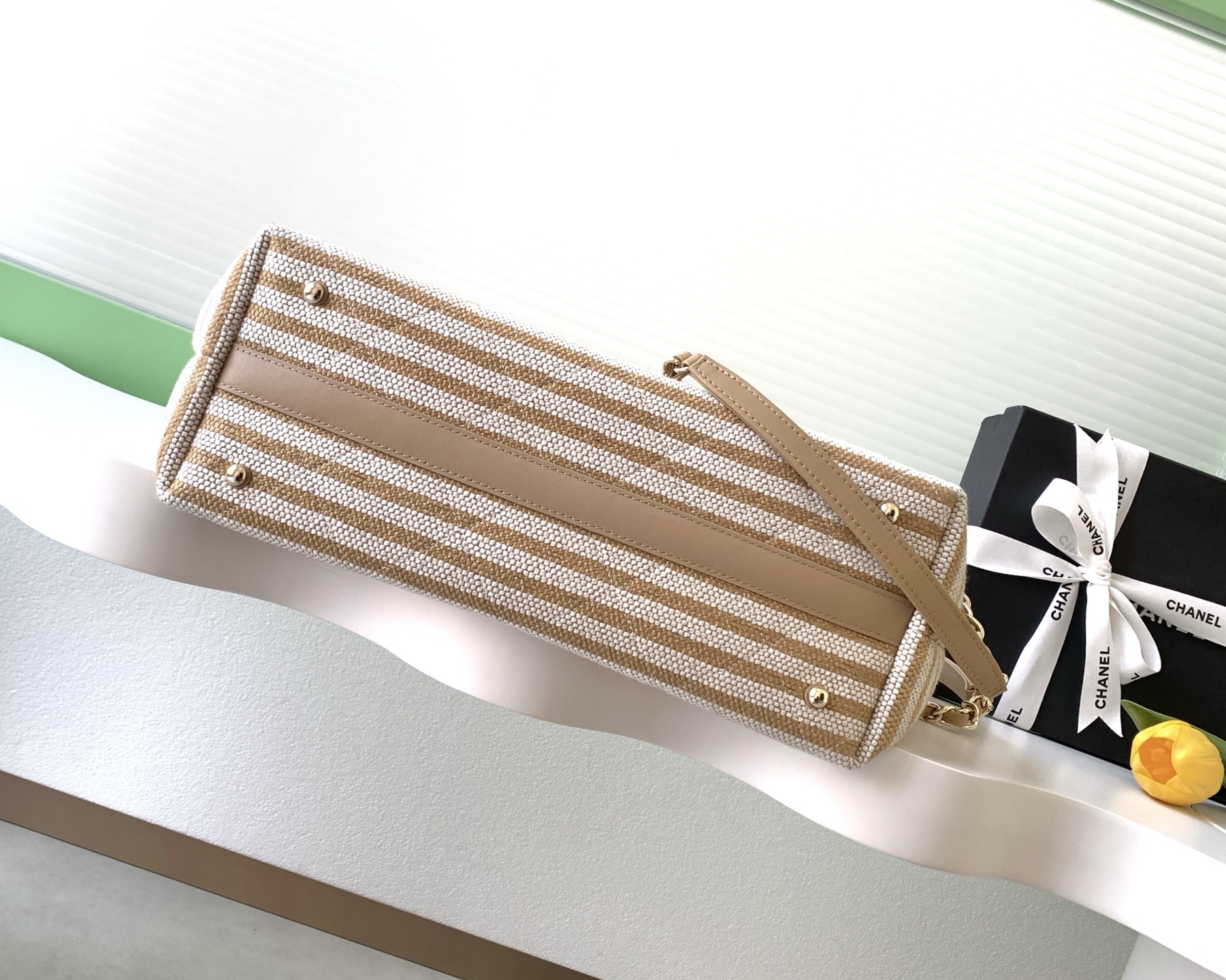 Deauville Large Striped Canvas Tote Bag in Caramel with Gold-Tone Hardware - Mocuir