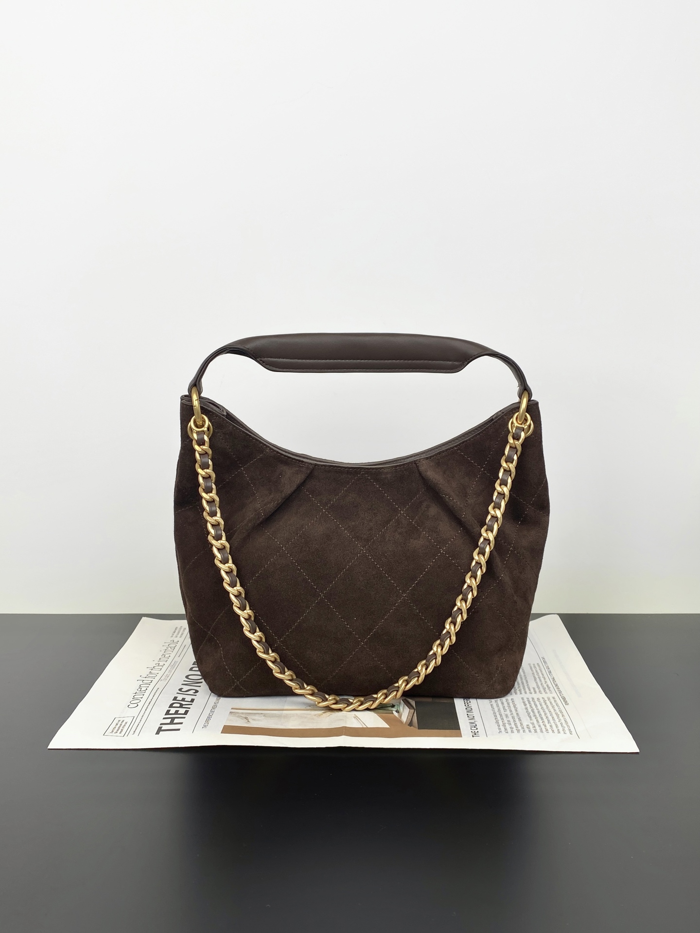 26C Dark Brown Quilted Suede Calfskin Hobo Shoulder Bag with Gold Hardware - Mocuir