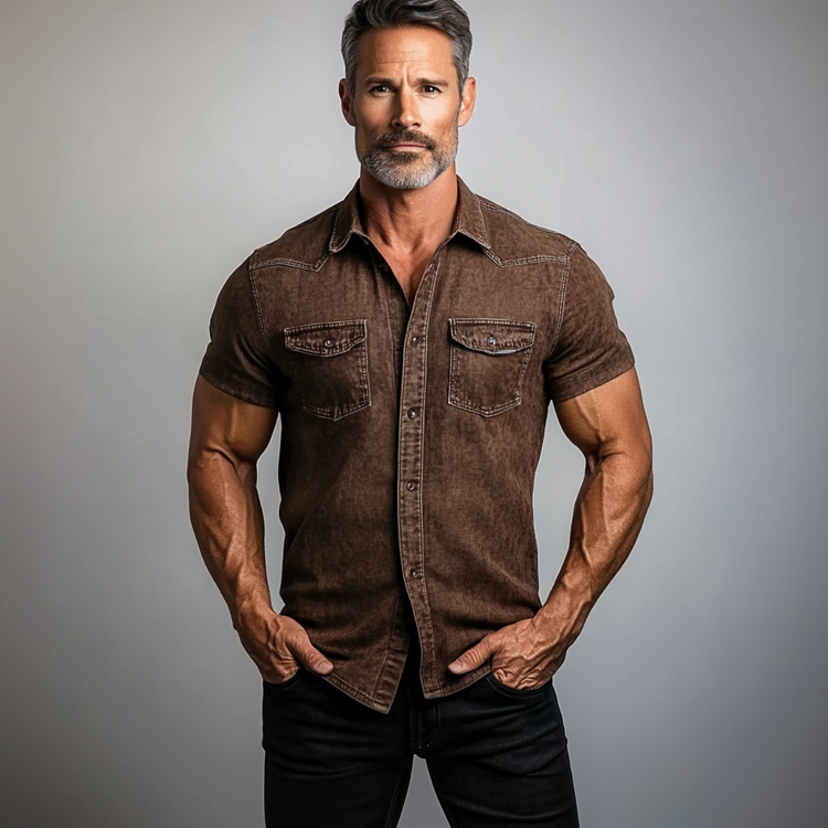 Men's Retro Denim Single Breasted Flap Pocket Short Sleeve Shirt