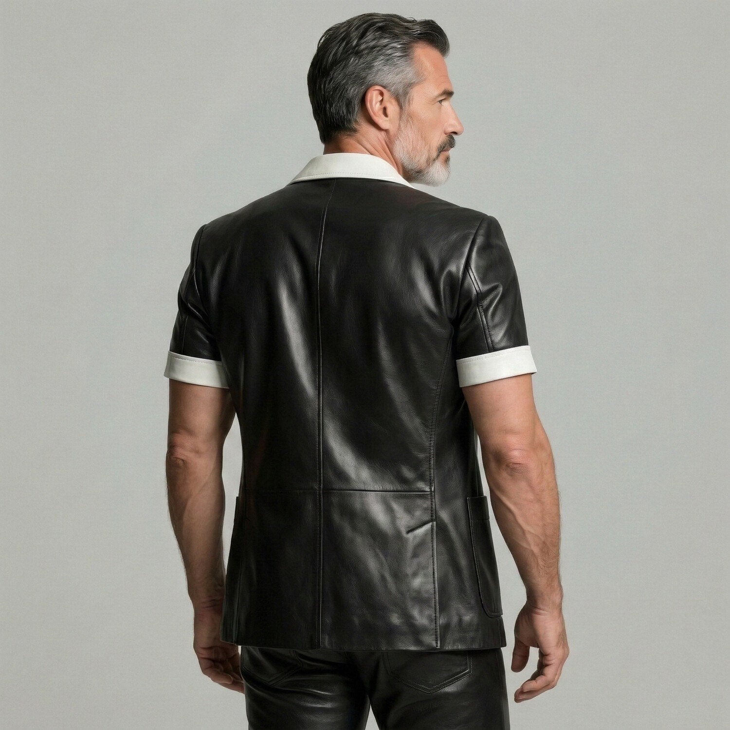 Men's Party PU Leather Contrast Trim Pocket Short Sleeve Blazer