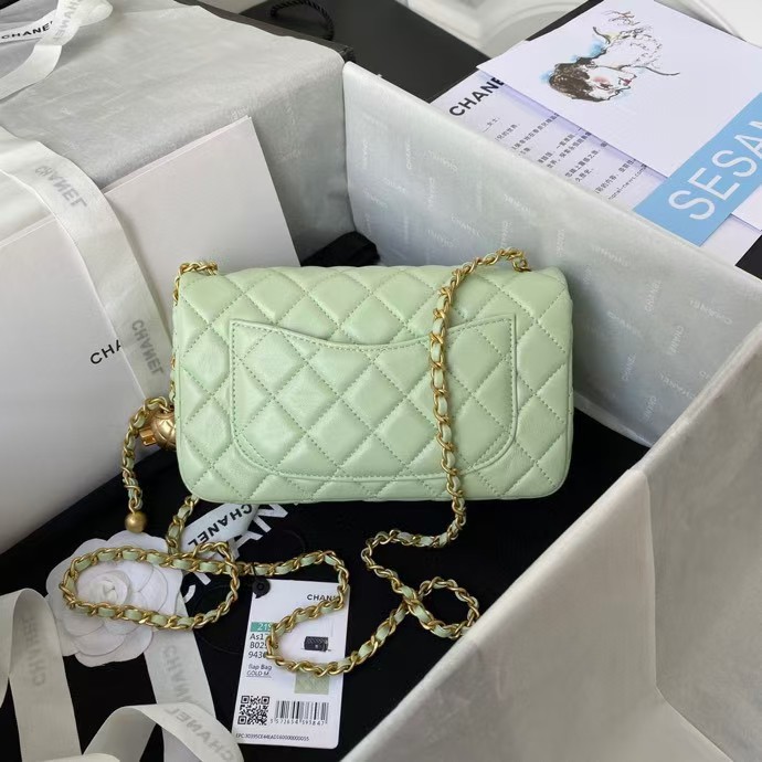 23K AS1787 Mini Pearl Embossed Rectangular Flap Bag Lambskin Brushed Metal Hardware Light Green