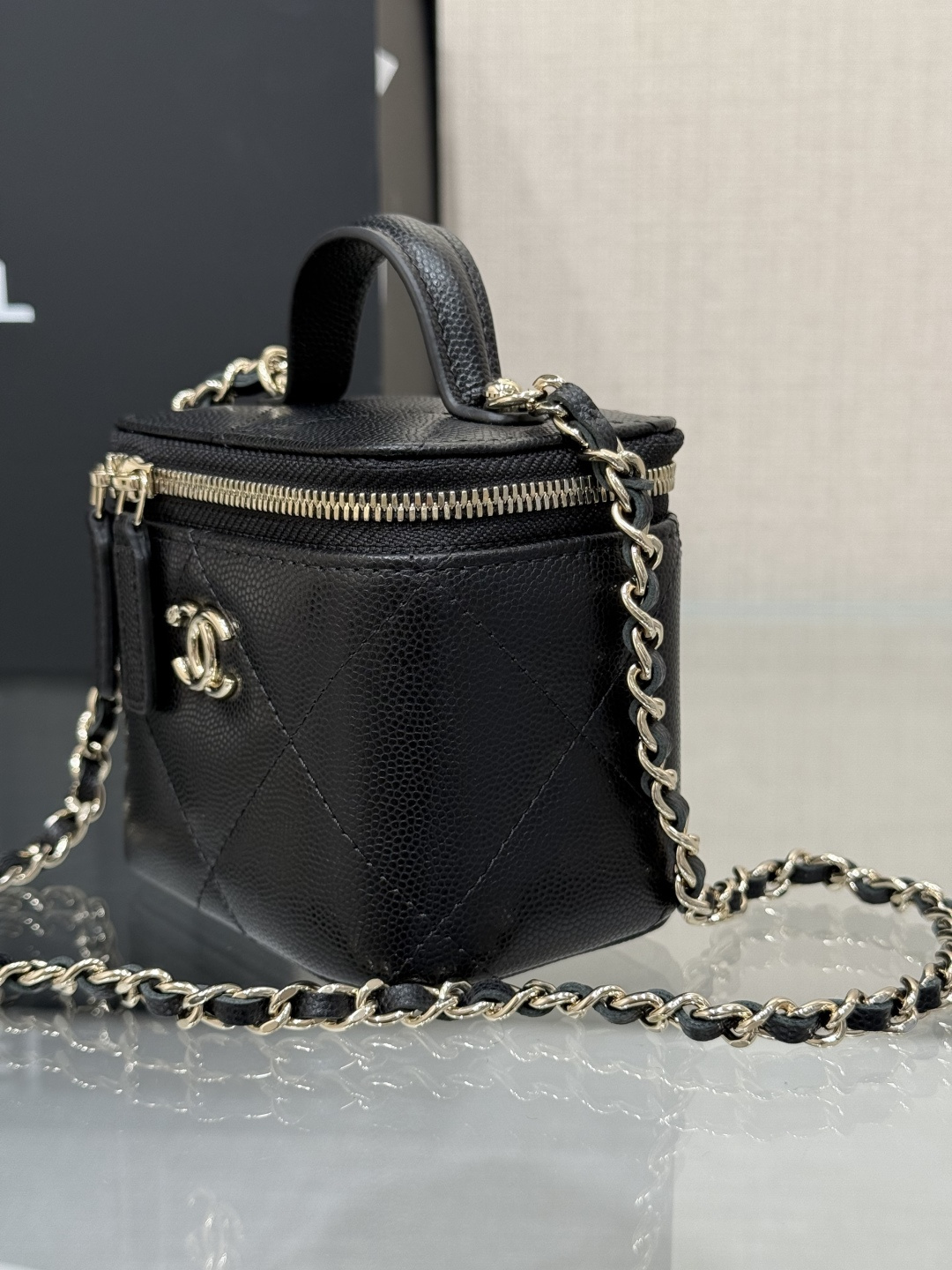 Mini Top Handle Vanity Case (AS5993) in Black Quilted Grained Calfskin (Caviar) with Antique Gold-Tone Hardware - Mocuir