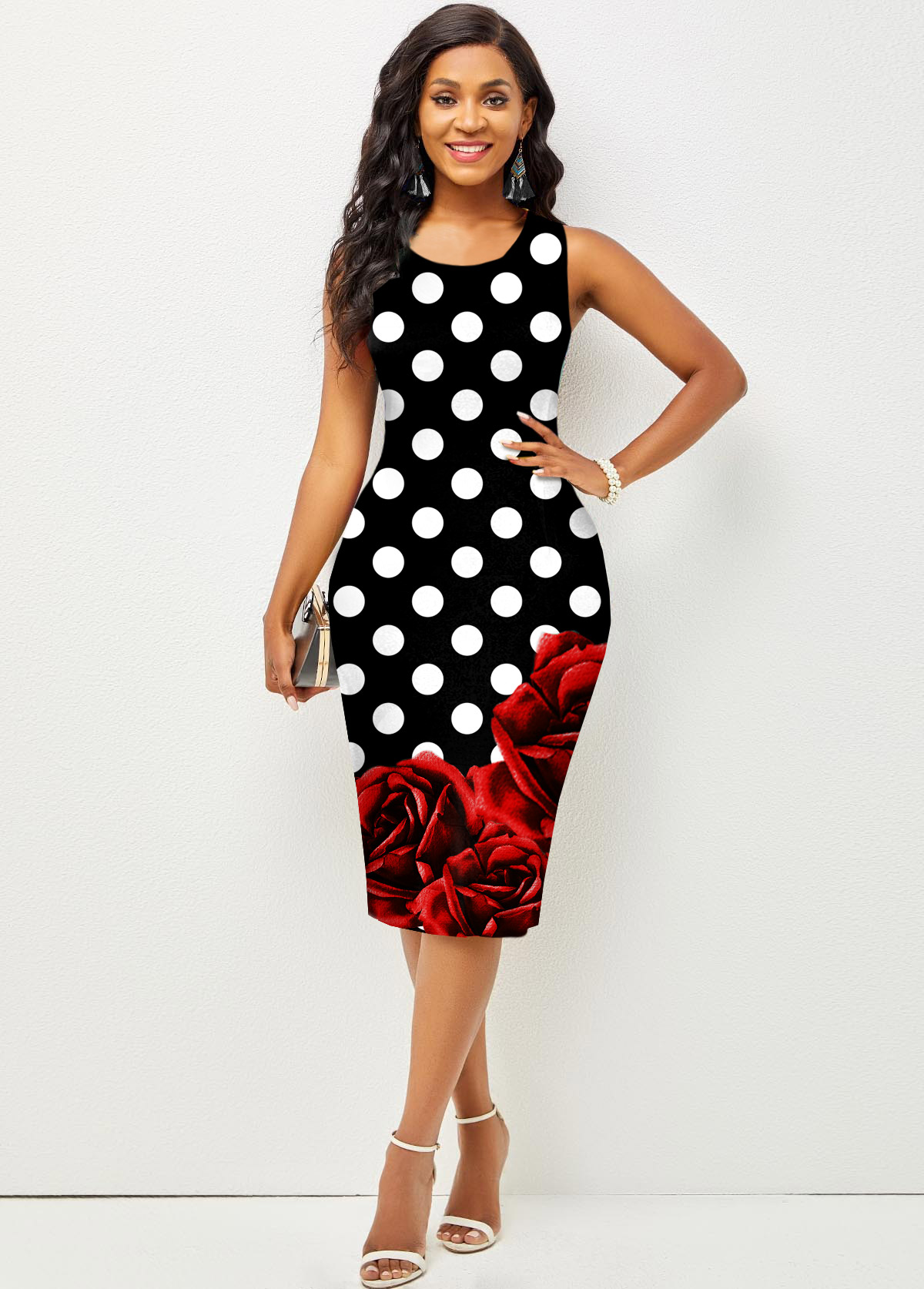 Contrast Printed Sleeveless Round Neck Bodycon Dress