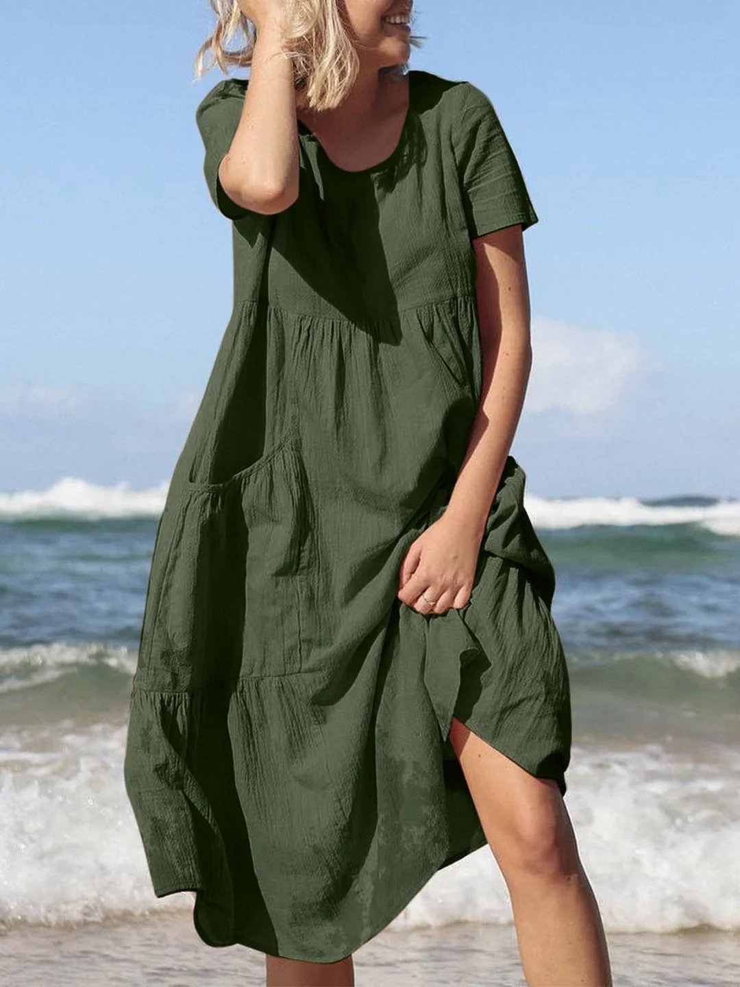 Plus Size Women Short Sleeve Solid Loose Casual Midi Dress