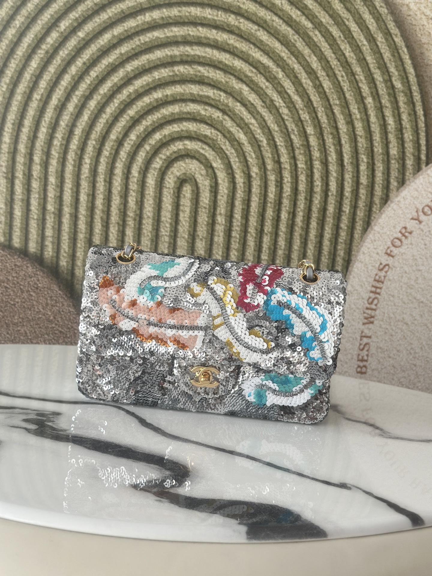Limited Edition Silver Multicolor Sequin Floral Mini Classic Flap Bag with Gold-Tone Hardware - Mocuir