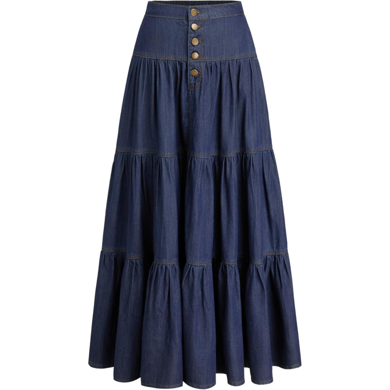 Women's Long Jean Denim Tiered Button