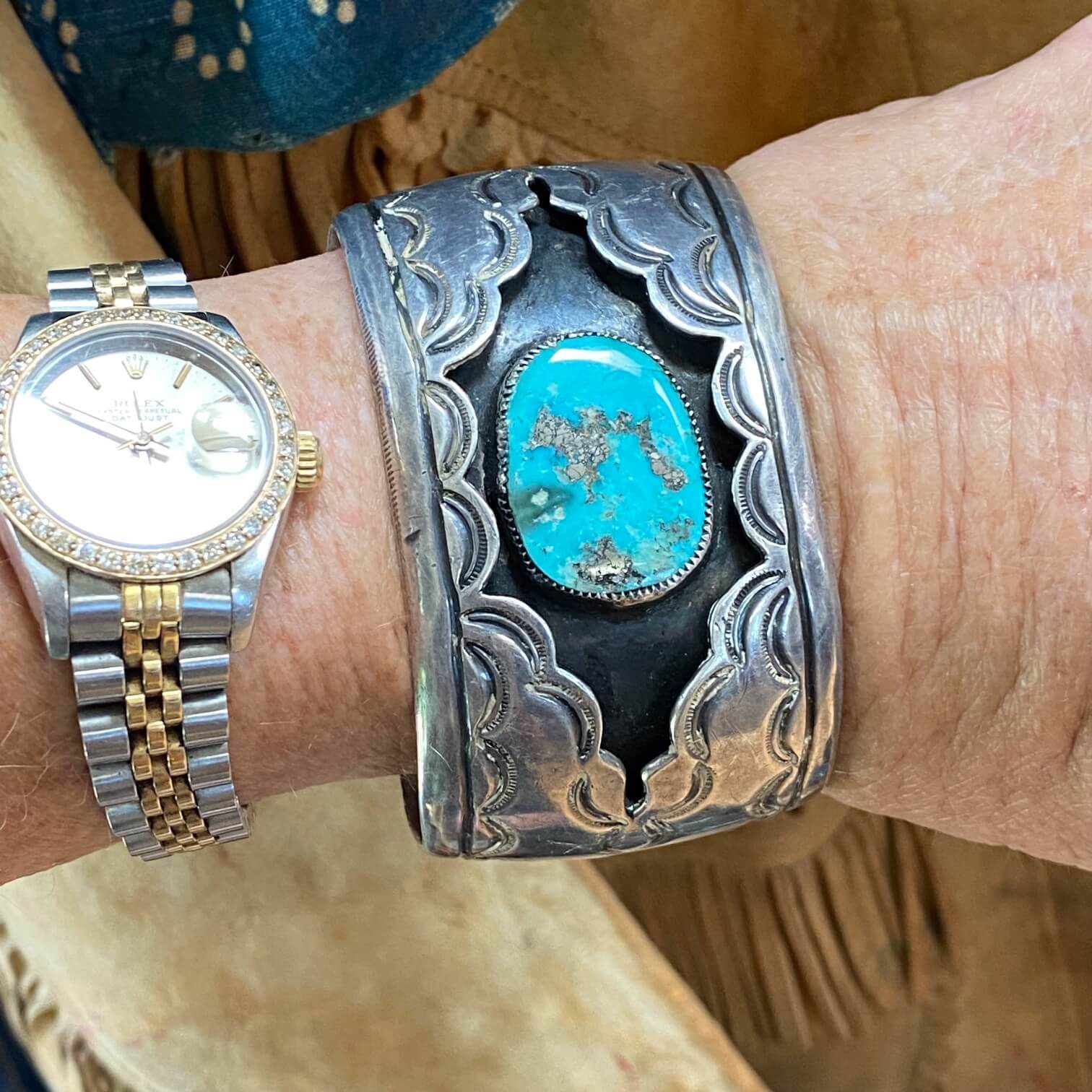Navajo Turquoise Sterling Silver Shadowbox Bracelet Vintage