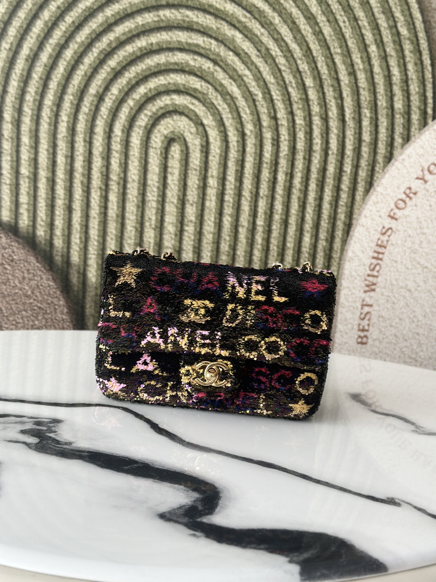 Cruise 2023 LA DISCO Multicolor Sequin Mini Classic Flap Bag with Gold-Tone Hardware - Mocuir