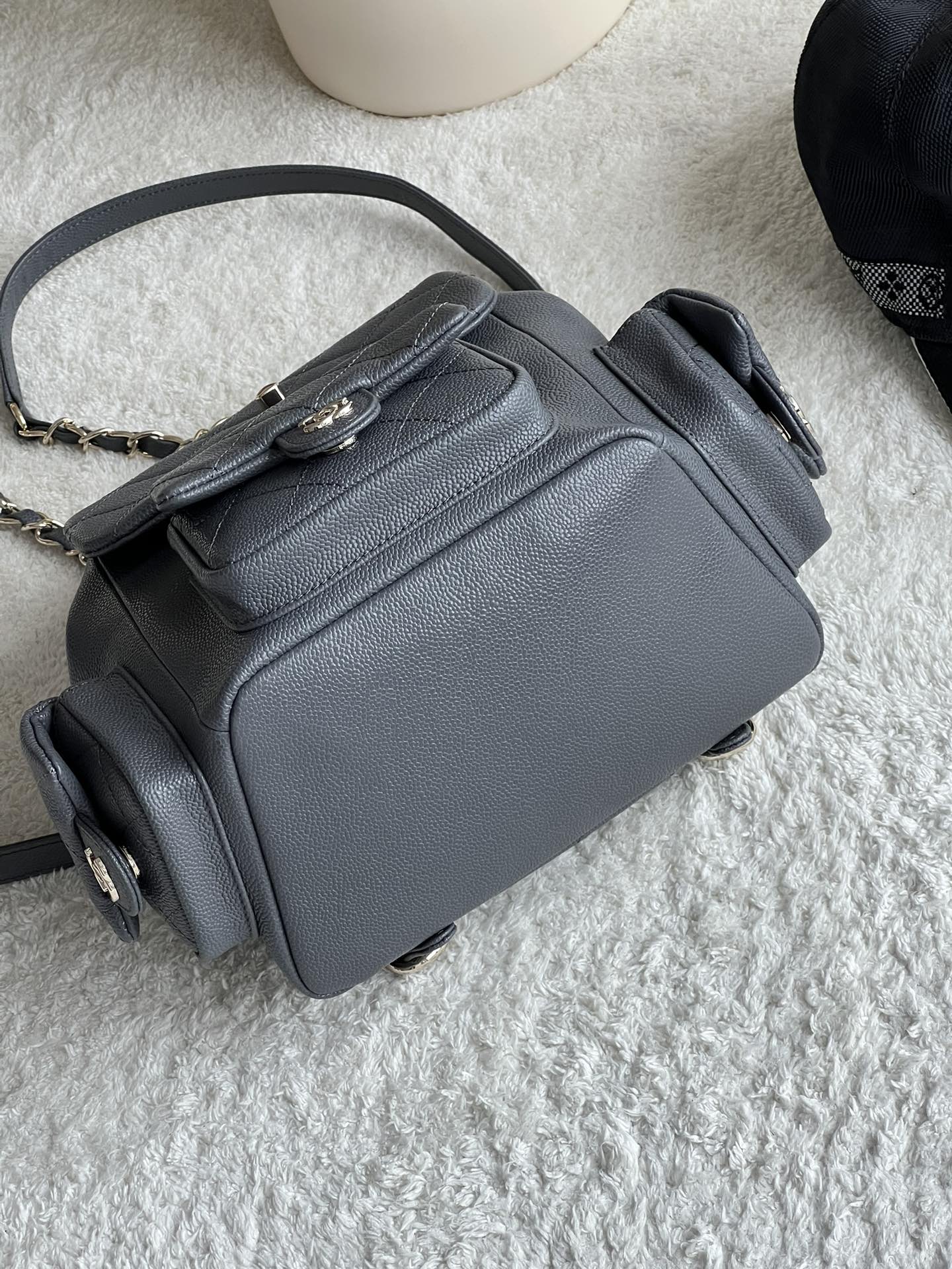 23K Duma Tank Backpack in Dark Grey Quilted Caviar Leather with Light Gold-Tone Hardware - Mocuir