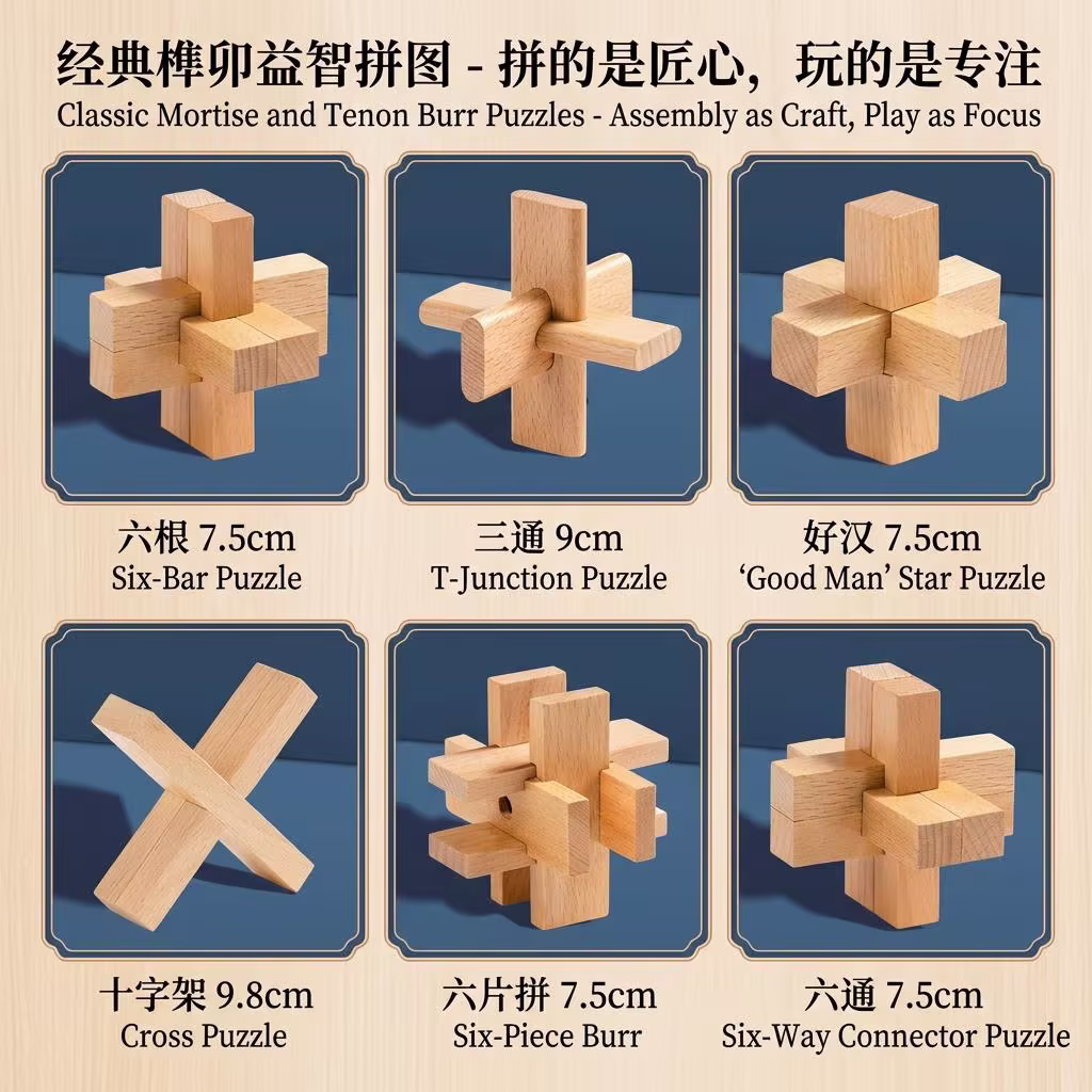 Classic Luban Lock 6-Piece Wooden Puzzle Set | Traditional Chinese Mortise and Tenon Brain Teasers 经典鲁班锁 6 件套装 | 中国传统榫卯益智解锁玩具