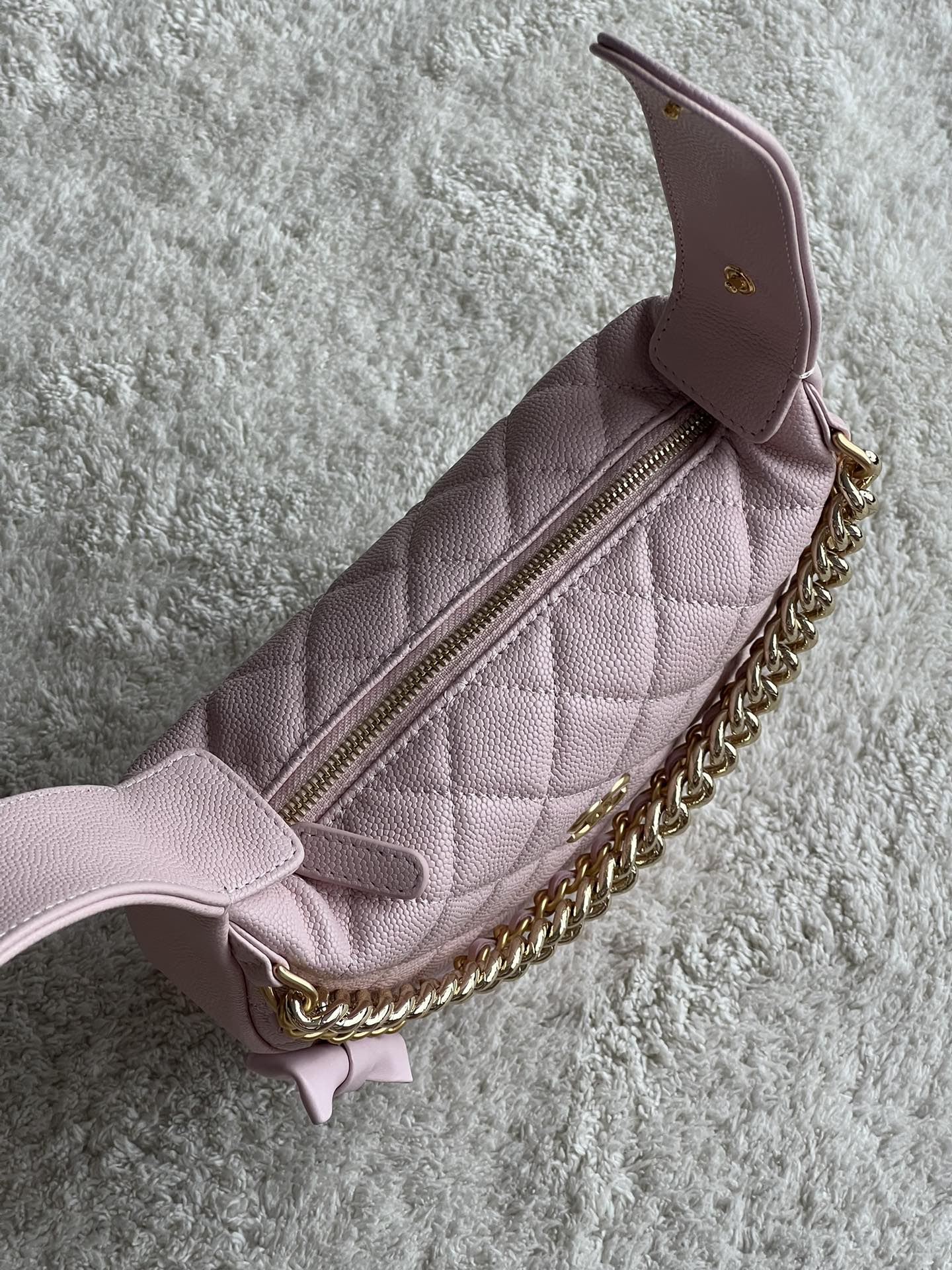 24S Half Moon Hula Hoop Bag in Pink Quilted Caviar Leather with Light Gold-Tone Hardware and Bow Detail - Mocuir