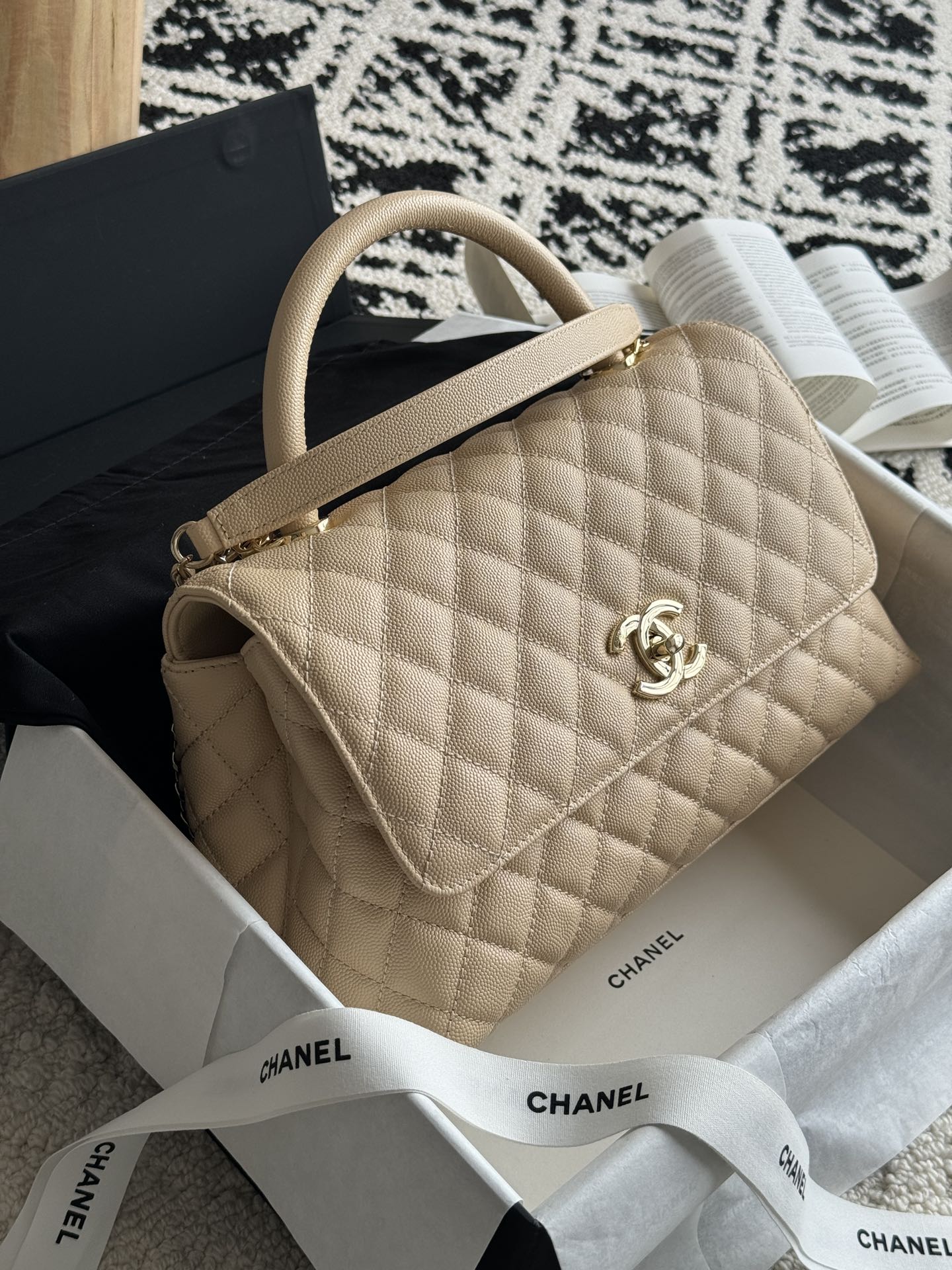 Small Coco Handle Flap Bag in Light Beige Quilted Caviar Leather with Light Gold-Tone Hardware - Mocuir