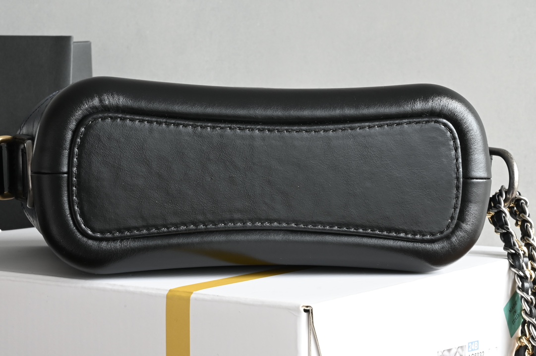 Small Gabrielle Hobo Bag in Navy Blue and Black Quilted Aged Calfskin with Gold-Tone and Silver-Tone Metal (Model A91810) - Mocuir