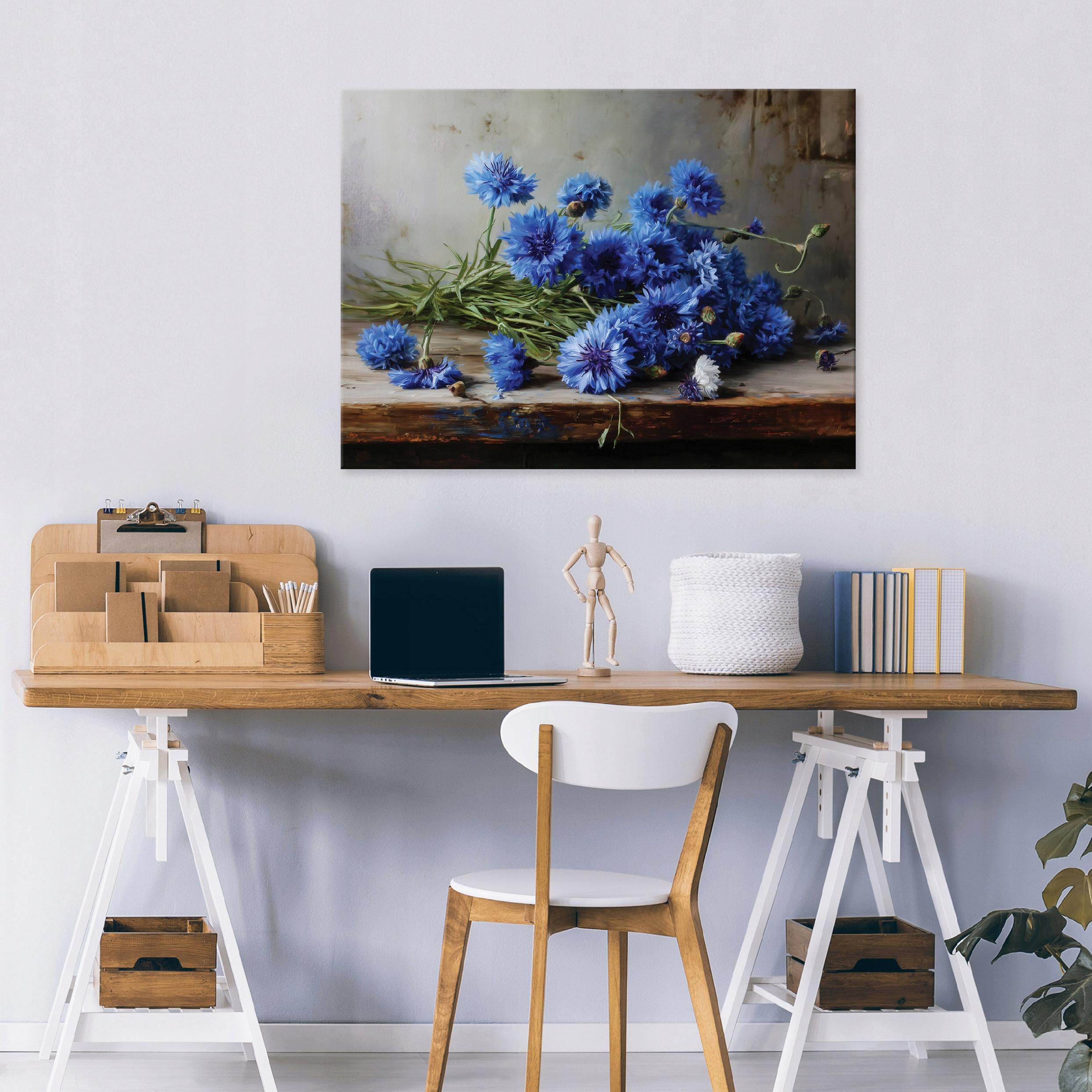 Vintage retro blue flower painting on canvas for the bedroom or living room, 40x30