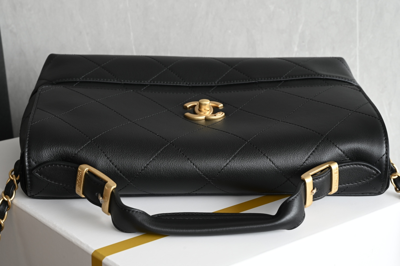 Top Handle Flap Bag (Handle Messenger Bag) in Black Quilted Calfskin with Light Gold-Tone Hardware - Mocuir