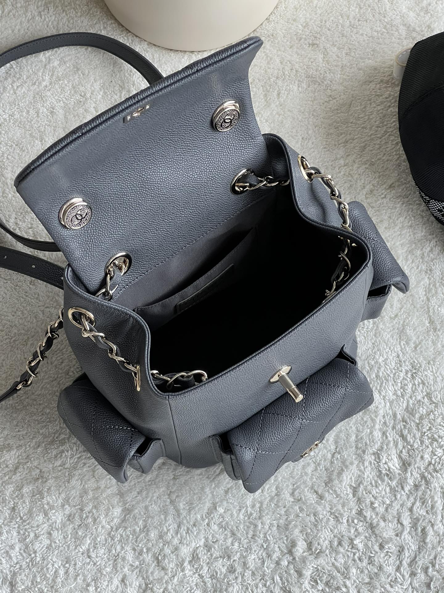 23K Duma Tank Backpack in Dark Grey Quilted Caviar Leather with Light Gold-Tone Hardware - Mocuir